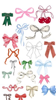 an assortment of different colored bows on a white background