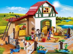 a playmobil country set with horses and farm scenes on the front, including a horse stable