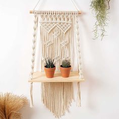 two potted plants are sitting on a macrame hanging from a wall shelf