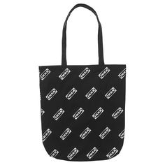 a black tote bag with white logos on it