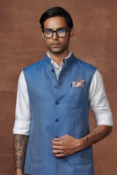 Blue waistcoat crafted from wool with three patch pockets. - Aza Fashions Traditional Fitted Nehru Jacket With Pockets, Raghavendra Rathore, Blue Waistcoat, Nehru Jacket For Men, Wool Waistcoat, Waistcoat Men, Nehru Jacket, Hipster Mens Fashion, Nehru Jackets