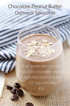 chocolate peanut butter oatmeal smoothie in a glass with ingredients labeled on the side