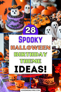 Colorful collage of Halloween-themed birthday party ideas featuring spooky decorations, treats, and a festive cake, highlighting 28 creative concepts for a Halloween birthday celebration. Halloween Birthday Party Treats, Spooky Sixth Birthday, Kid Halloween Birthday Party, Halloween Birthday Party For Kids Decor, Spooky Birthday Party For Kids, Halloween Birthday Party Activities, Halloween Birthday Party Food, Halloween 3rd Birthday Party, Halloween Birthday Ideas