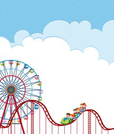 an amusement park with roller coasters and people riding on the rides in front of clouds