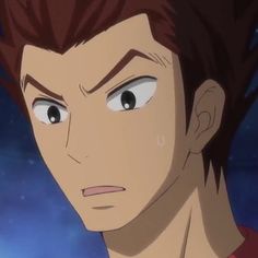 an anime character with brown hair and blue eyes looking at something in the sky behind him