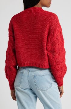 Get cozy in a mock-neck sweater knit with textural cable stitches and fashioned in a slouchy, cropped silhouette. 18" length Mock neck Long sleeves 55% polyester, 18% acrylic, 17% nylon, 10% wool Dry clean Imported Red Fits, Cable Stitch, Crop Sweater, Fabric Gift Bags, Knit Crop, Mock Neck Sweater, Fabric Gifts, Free Fabric, Sweater Knit