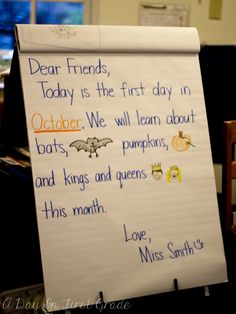 a paper sign with writing on it that says dear friends today is the first day in october we will learn about bats, kings and queens