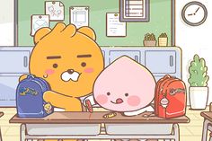 two cartoon bears sitting at a table with backpacks