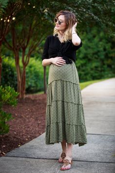 Maternity Style outfit inspiration by North Carolina fashion and lifestyle blogger Jessica Linn from Linn Style. Olive green maxi dress from Target, black button up blouse from Forever21, Necklace from Francesca's, and Tory Burch sandals Skirt Maternity Outfit, Maternity Skirt Outfits, Maternity Outfit