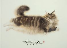 a painting of a cat laying on its back with it's paw in the air