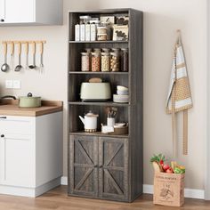 an open bookcase in the corner of a kitchen