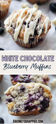 blueberry muffins with white chocolate drizzled on top are shown