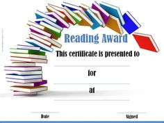 a certificate for reading award with books stacked on top of each other in the shape of a book