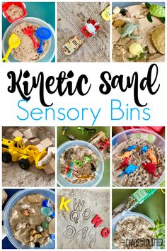 a collage of different types of toys and words on sand with the title, kleenetic sand sensory bins