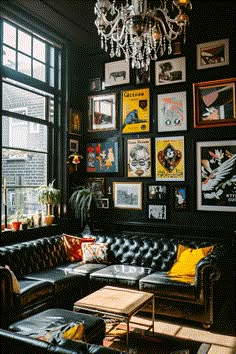 a living room filled with black leather couches and pictures on the wall