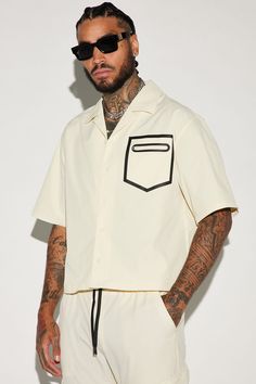 Fold Down Collar Front Button Closure Zipper Chest Pocket Short Sleeve Shell: 100% Polyester Imported | Mens Catch A Body Cropped Button Up Shirt in Cream size XL by Fashion Nova Button-up Tops With Buttoned Pockets For Streetwear, Streetwear Button-up Shirt With Snap Buttons, Streetwear Snap Button-up Shirt, Streetwear Snap Button Shirt, Button-up Shirt With Button Closure For Streetwear, Collared Shirt With Button Closure For Streetwear, Casual Button Shirt For Streetwear, Casual Streetwear Shirt With Buttons, Spring Button-up Camp Shirt For Streetwear