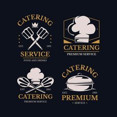 four different logos for catering service on a dark background with the words catering and cooking utensils