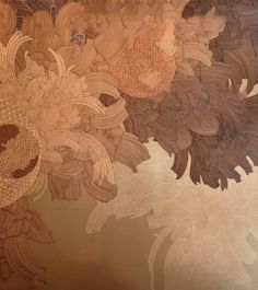 an artistic wallpaper design with sunflowers and leaves in shades of brown, beige and tan