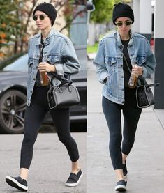 two pictures of a woman wearing black leggings and a denim jacket