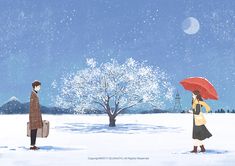 two people are standing in the snow with an umbrella and suitcases under a tree