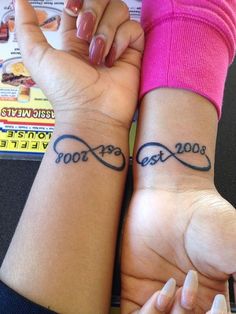 two women with matching wrist tattoos on their arms, one has the word'best friend'and the other has an intertwined