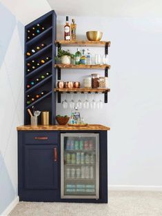 a small bar with shelves filled with bottles and glasses next to a wall mounted wine rack