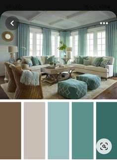 a living room filled with furniture and lots of blue color scheme in shades of teal