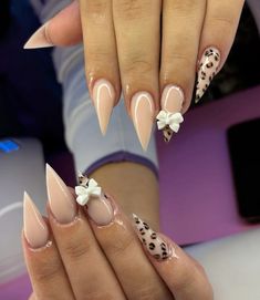 C French Tip Nails, Dumbo Nail Designs, Stiletto Nails Cheetah, Leopard Print Stiletto Nails, Long Almond French Tip Nails With Design, Criss Cross Nail Design, Cheetah And Pink Nails, Leopard Print Tip Nails, Stiletto Cheetah Nails