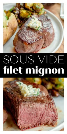 steak with blue cheese on top, and the words sous vide filet migon above it