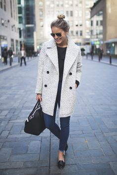 Gray Monochromatic Outfit, Peacoat Outfit, Collarless Coat, Wool Wrap Coat, Boucle Coat, Outfits To Copy, Oversized Knit Cardigan, Effortless Outfit, Turtleneck Sweater Dress