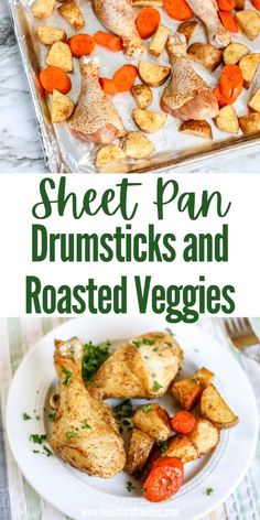 sheet pan drumsticks and roasted veggies on a plate with text overlay