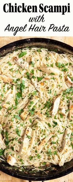 chicken scampi with angel hair pasta in a cast iron skillet