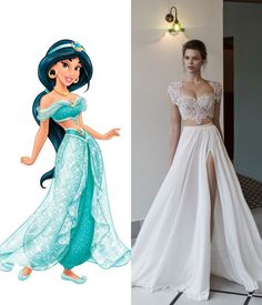 a woman in a white dress next to an image of princess pocahon from the disney movie