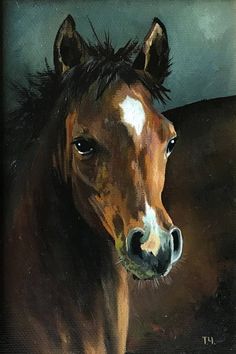 a painting of a brown horse with white spots on it's face and head