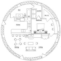 a floor plan for a living room and dining area in a round house with an attached kitchen