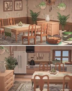 two pictures of a kitchen and dining room with plants in pots on the windowsill