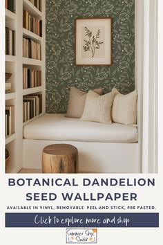 the botanical dandelion seed wallpaper is available in various colors and sizes, including green