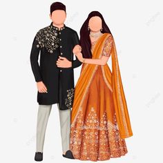 Indian Caricature Wedding Card, Indian Wedding Outfits Illustration, Wedding Couple Animation, Marriage Cartoon Couple, Indian Couple Drawing Art, Bride And Groom Doodle, Wedding Caricature Indian, Indian Wedding Doodle