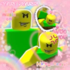 two yellow legos with faces and eyes are in front of a pink wallpaper