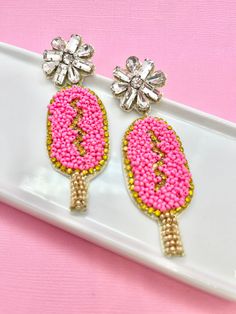 Earrings are nickel-free, surgical steel and felt-back making them very lightweight and great for all-day wear. Playful Pink Beaded Earrings, Popsicle Earrings, Embroidered Earrings, Grill Party, Gift Idea For Mom, Beaded Art, Earrings Summer, Beaded Jewellery, Corn Dogs