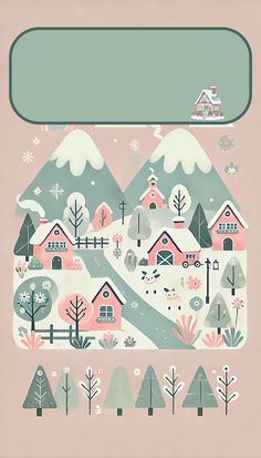 a pink background with houses and trees in the foreground is an illustration of a snow covered mountain