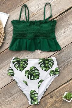 High Waisted Tankini, Leaf Print