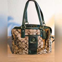 Coach Signature Green Patent Leather Python Purse / Handbag G1380-F24884 Great Condition. No Dust Bag. Brown / Tan With Green Snake Stripe And Green Leather Accents. Green Snake, Green Leather, Python, Coach Bags, Patent Leather, Purses And Handbags, Dust Bag, Bag Lady, Handbags