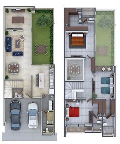 two floor plans showing the living room, bedroom and dining area with one car parked in the garage