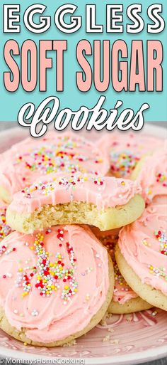 eggless soft sugar cookies with pink frosting and sprinkles on a plate