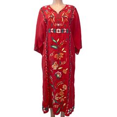 Silky Material Embroidered Stitching Collar Neckline Long Sleeve Button Closure Front Flower Pattern Embroidery Material, Self: 100% Cupra Rayon Material, Trims: 100% Polyester Style Number: J31424-3 Length: 49 Bust: 48 Waist: 46 Hips: 50 Sleeve: 18 Split: 17 Size: Womens S Condition: New With Tags Red Folk Style Embroidered Long Sleeve Dress, Red Long Sleeve Folk Embroidered Dress, Red Folk Style Dress With Floral Embroidery, Red Folk Embroidered Dress With Floral Design, Red Folk Style Embroidered Dress, Red Bohemian Embroidered Dress With V-neck, Festive Red Bohemian Embroidered Dress, Festive Bohemian Embroidered Red Dress, Red Bohemian Kaftan With Floral Embroidery