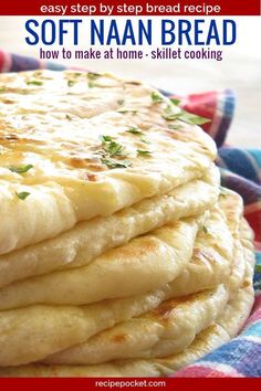 This naan bread recipe is easy and eggless and healthy to make. This homemade Indian bread is fast to cook in a skillet. Soft and fluffy better than store bought. Tasty when hot and brushed with a garlic butter topping. Things to do with naan, use it to make flatbread pizza, healthy wraps, dip into curries, eat at breakfast, lunch or dinner. #recipepocket #indianrecipes #easybreadrecipes Onion Naan Bread Recipe, Naan Bread Recipe Bread Machine, Naam Bread Recipe, Naan Bread Recipe Yogurt, Publix Bread Recipe, Nann Bread Recipes, Pan Bread Recipe