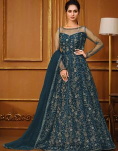 Blue Pant style Suit Semi-Stitched Suits Salwar Kameez in Cording Embroidery & Lace Work:Arabic Attire #alinesuits #longsalwarkameez #fashionablesuitsforladies #onlineladiessuits #ladiessuitsdesign #kameezclothing #asiansuitwomen #womensasiansuits #wheretobuysuitforwomen #simplesalwarsuit #latestindiansuitdesigns #salwarkameezstitched #stitchedsalwarkameez #salwarkameezpants #pantsalwardesign #pureblacksuit #newsuitstyles #embroideredsuitsdesigns Anarkali Lehenga Gowns, Long Choli Lehenga, Long Anarkali Gown, Celana Fashion, Salwar Suits Party Wear, Long Anarkali, Anarkali Lehenga, Gown Suit, Net Top