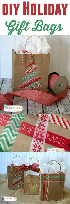 christmas gift bags made from brown paper and red ribbon