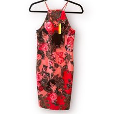 The Alexia Admit Scuba Sheath Dress Bodycon Floral Pink Small Roses Paisley Is A Stunning Addition To Any Women's Wardrobe. Made Of 95% Polyester And 5% Spandex Making It Perfect For Travel While Pretty Floral Rose And Paisley Pattern Makes It Perfect For Party/Cocktail Occasion. The Dress Has A Zip Closure Approximate Measurements Lay Flat: Armpit To Armpit 15.5 Inch Length Of Top Part Armpit To The Waist And About 6.5 Inch Skirt Length From The Waist Down 21 Inch Waist Wise Side To Side 13 3/4 Floral Print Sheath Mini Dress Bodycon, Fitted Floral Print Bodycon Evening Dress, Sleeveless Floral Bodycon Dress For Date Night, Fitted Mini Dress With Rose Print For Party, Pink Floral Print Bodycon Dress For Parties, Floral Print Stretch Bodycon Party Dress, Stretch Floral Print Bodycon Party Dress, Party Floral Print Stretch Bodycon Dress, Fitted Red Floral Print Bodycon Dress